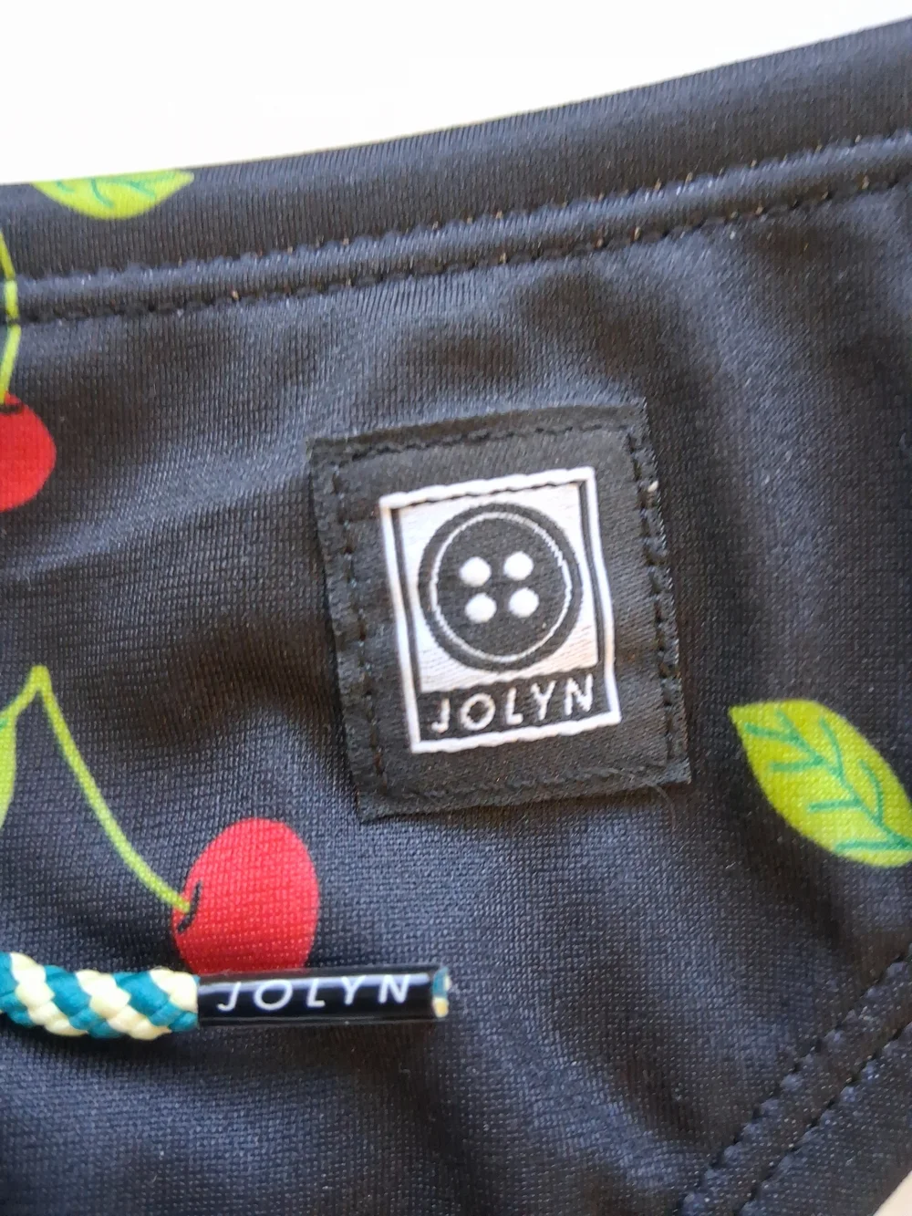 Jolyn Clothing Black Bikini with Red Cherry Print and Green Leaves